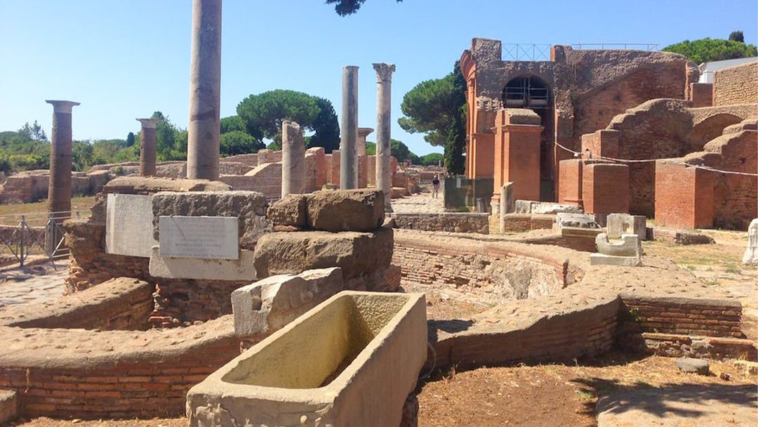 Ancient ruins and columns at Ostia Archaeological Park, Italy.