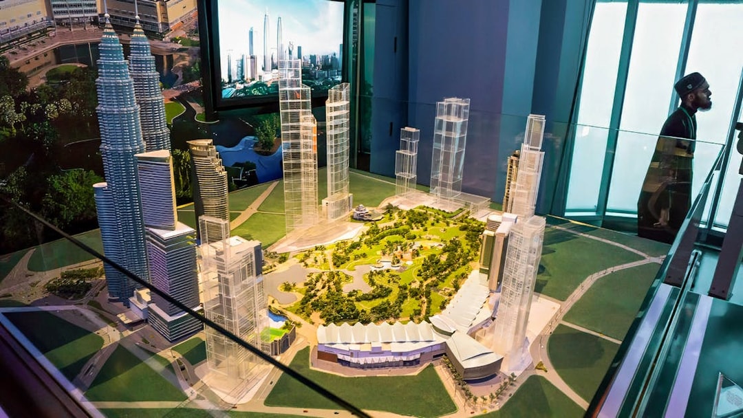 Model of Petronas Twin Towers and surrounding area in Kuala Lumpur exhibit.