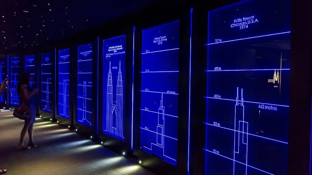 Blueprint displays of skyscrapers at Petronas Twin Towers exhibit in Kuala Lumpur.