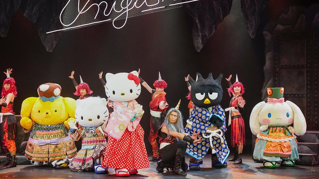 Sanrio characters performing on stage at Sanrio Puroland, Japan.