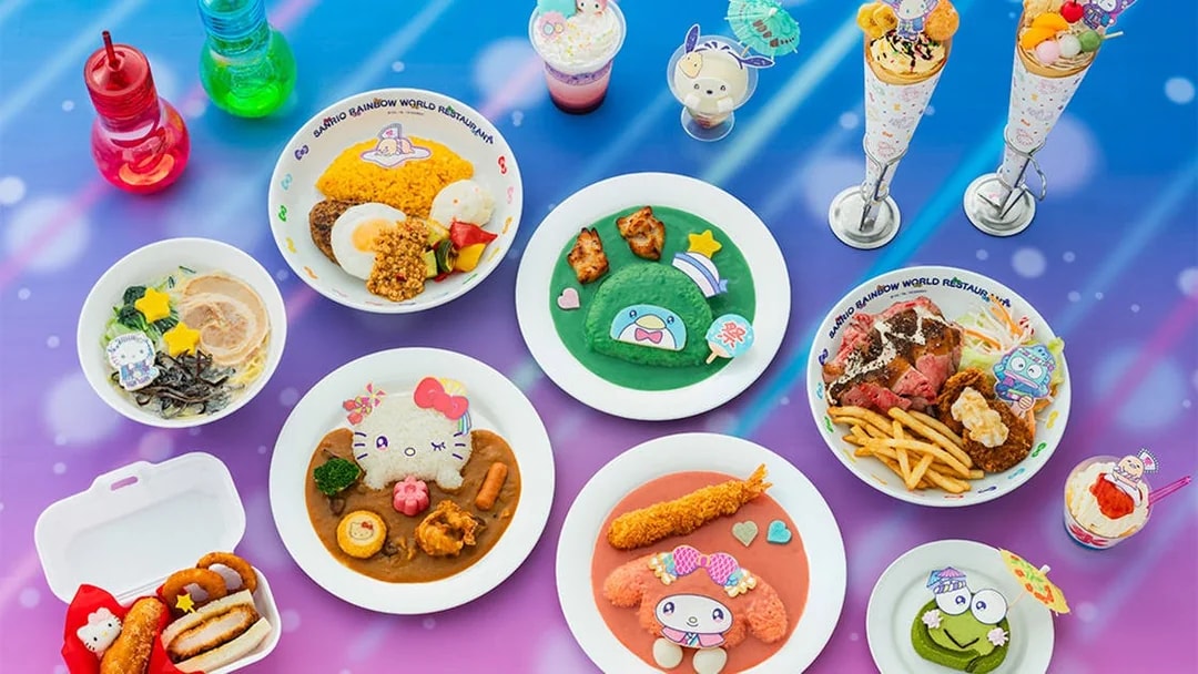 Sanrio Puroland themed meals with character designs and colorful desserts.