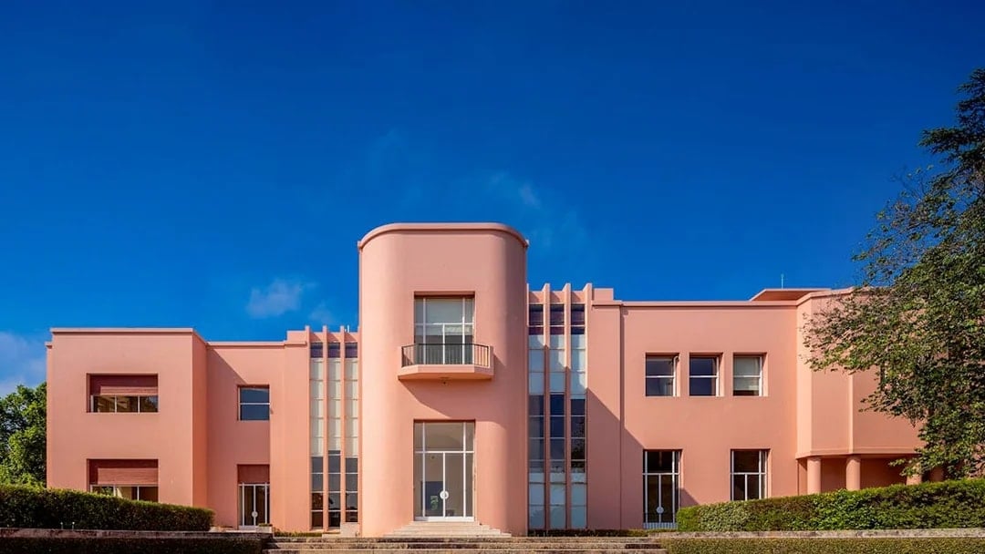 Serralves Museum pink Art Deco building facade in Porto, Portugal.