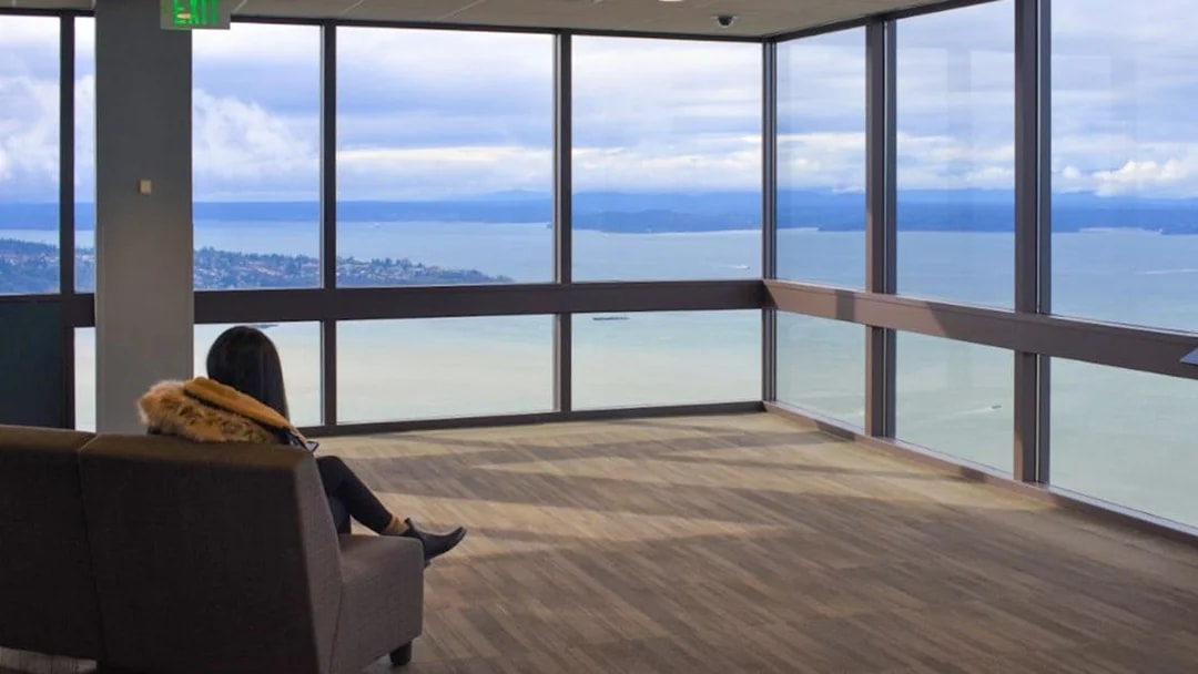 Person sitting in Sky View Observatory, Seattle, overlooking Puget Sound through large windows.