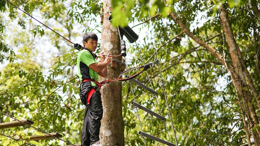Person navigating a treetop obstacle course at Skytrex Adventure Langkawi.