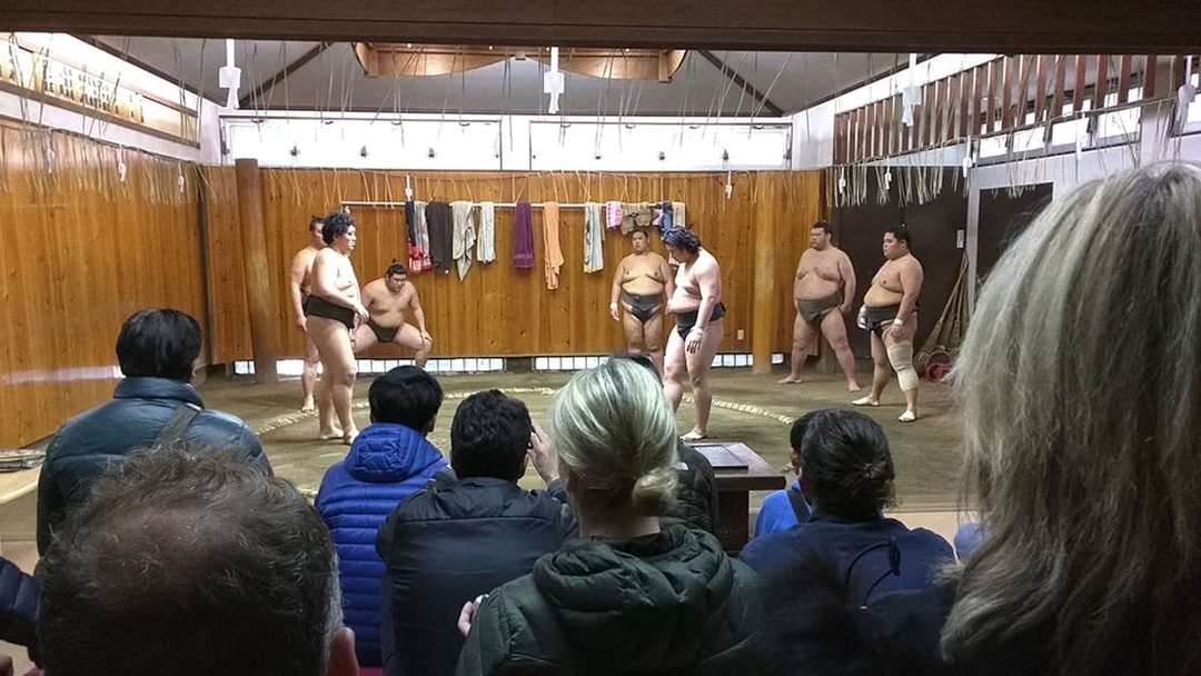 Sumo wrestlers training in a Tokyo dojo with spectators watching.