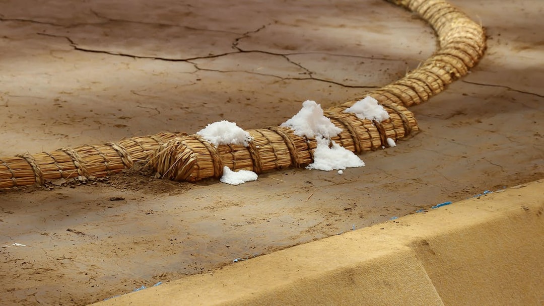 Sumo training ring with salt purification ritual in Tokyo.