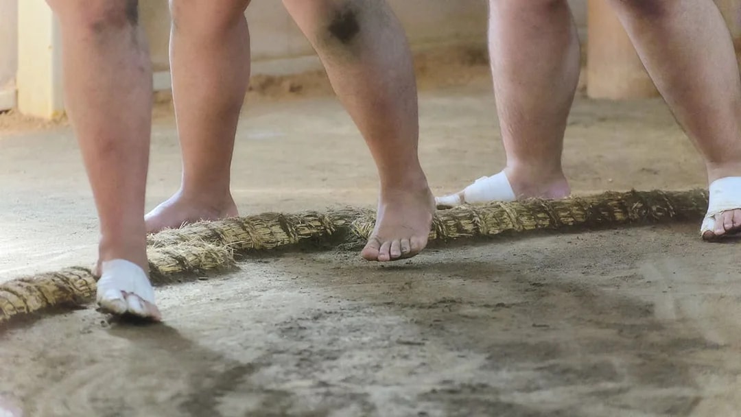 Sumo wrestlers' feet on training ring in Tokyo.