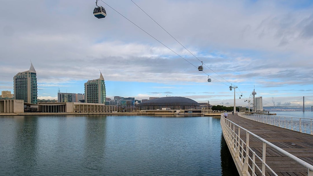 Telecabine cable cars over Tagus River in Lisbon, Portugal, with cityscape in the background.