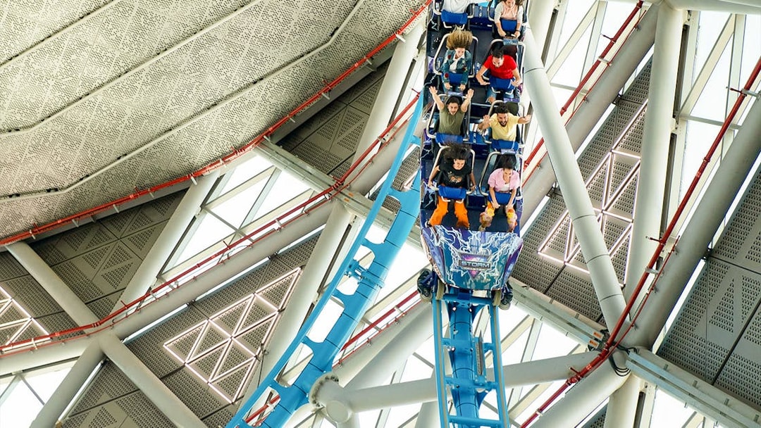 Riders on The Storm Coaster in Dubai experience a thrilling vertical drop.