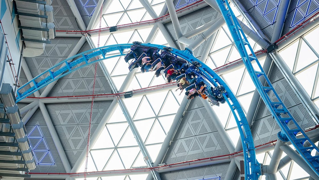 Riders on The Storm Coaster loop inside Dubai's indoor theme park.