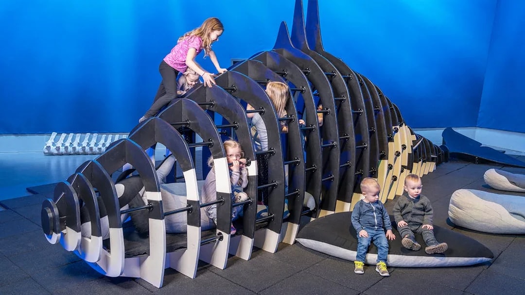 Children playing on a whale skeleton structure at Whales of Iceland Museum.