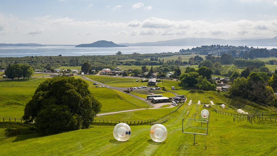 Zorb giant inflatable balls rolling down a grassy hill with a scenic view of Lake Rotorua, New Zealand.