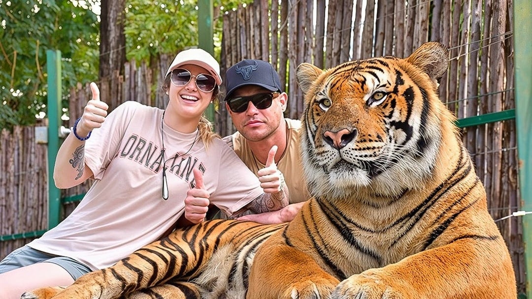 Couple gives thumbs up behind a tiger at Tiger Kingdom experience.