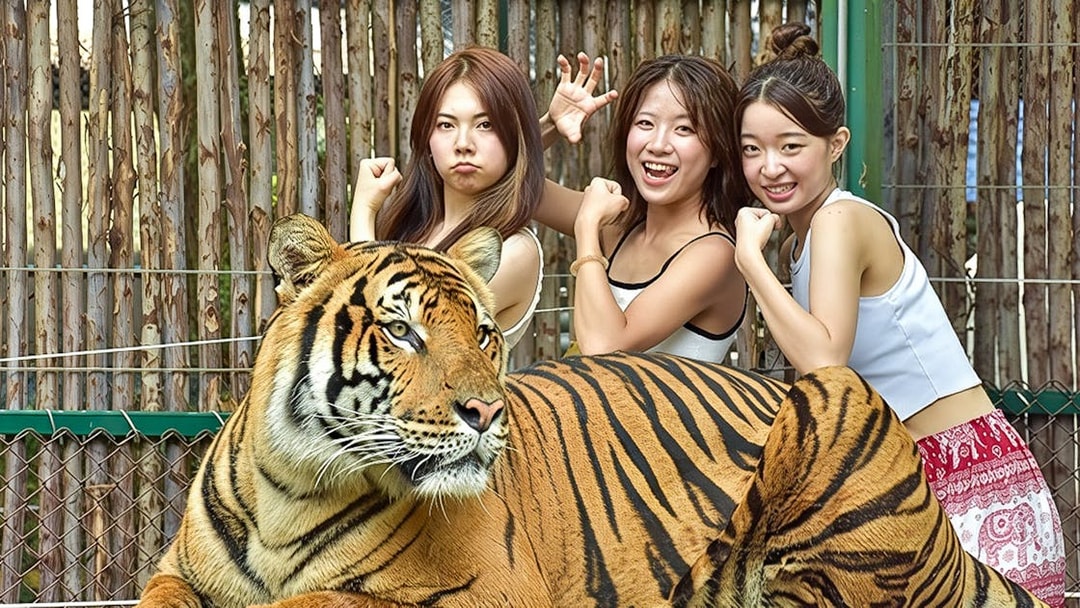 Visitors pose playfully behind a tiger at Tiger Kingdom interaction.