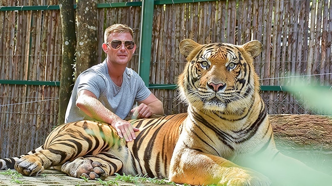 Man pets a tiger lying on grass at Tiger Kingdom experience.