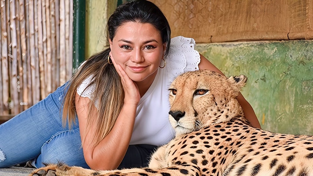 Woman lying next to a resting cheetah at Tiger Kingdom experience.