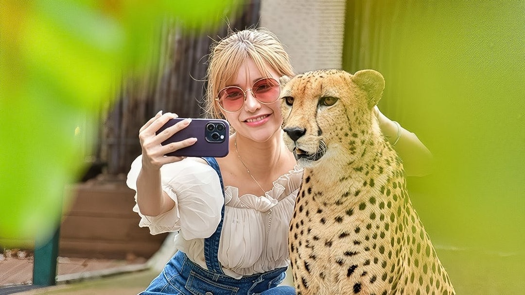 Visitor taking a selfie with a cheetah at Tiger Kingdom experience.