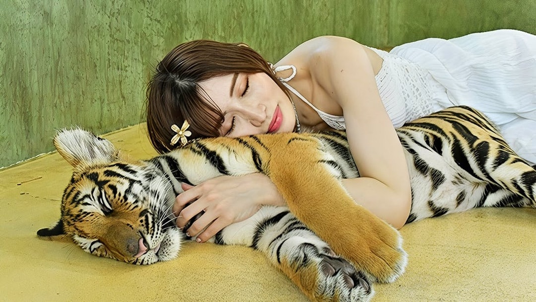 Woman resting beside a sleeping tiger cub at Tiger Kingdom experience.
