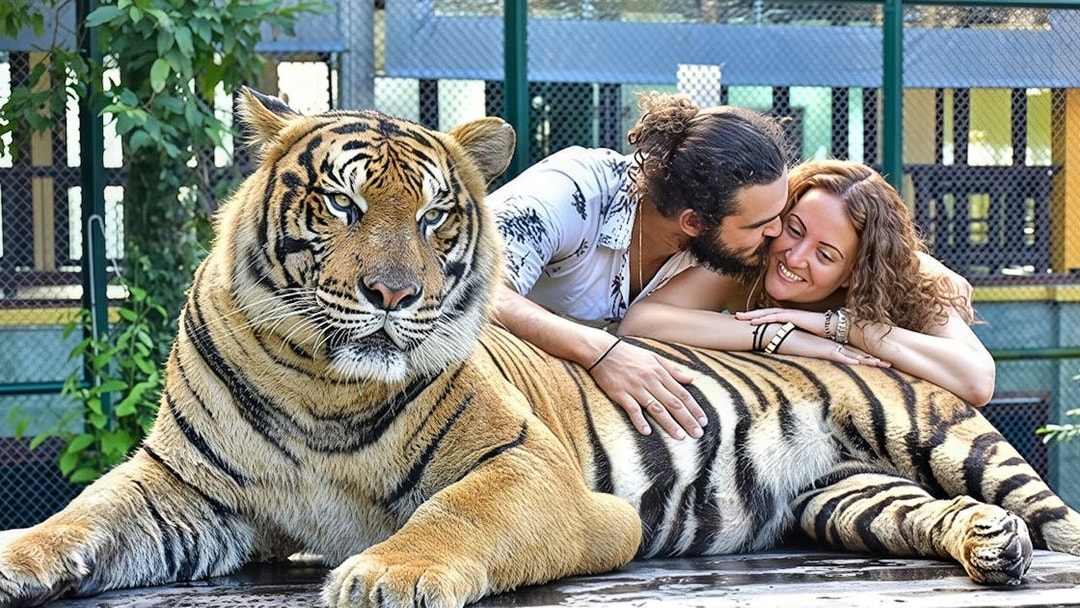 Couple embraces while petting a tiger at Tiger Kingdom experience.