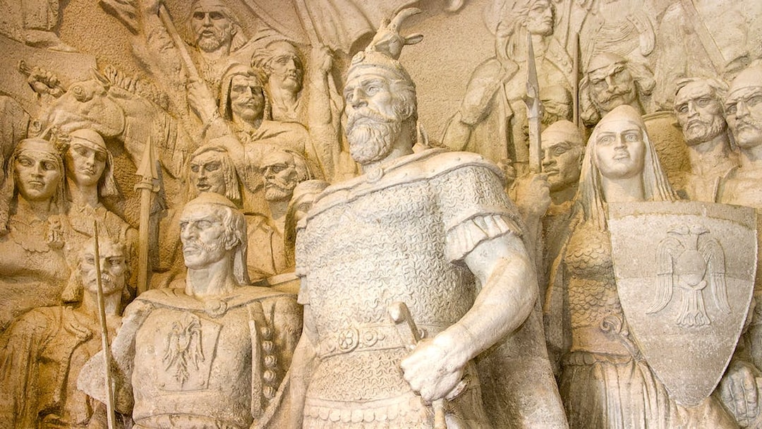 Statue of G. K. Skanderbeg with warriors inside Skanderbeg Museum, Albania.
