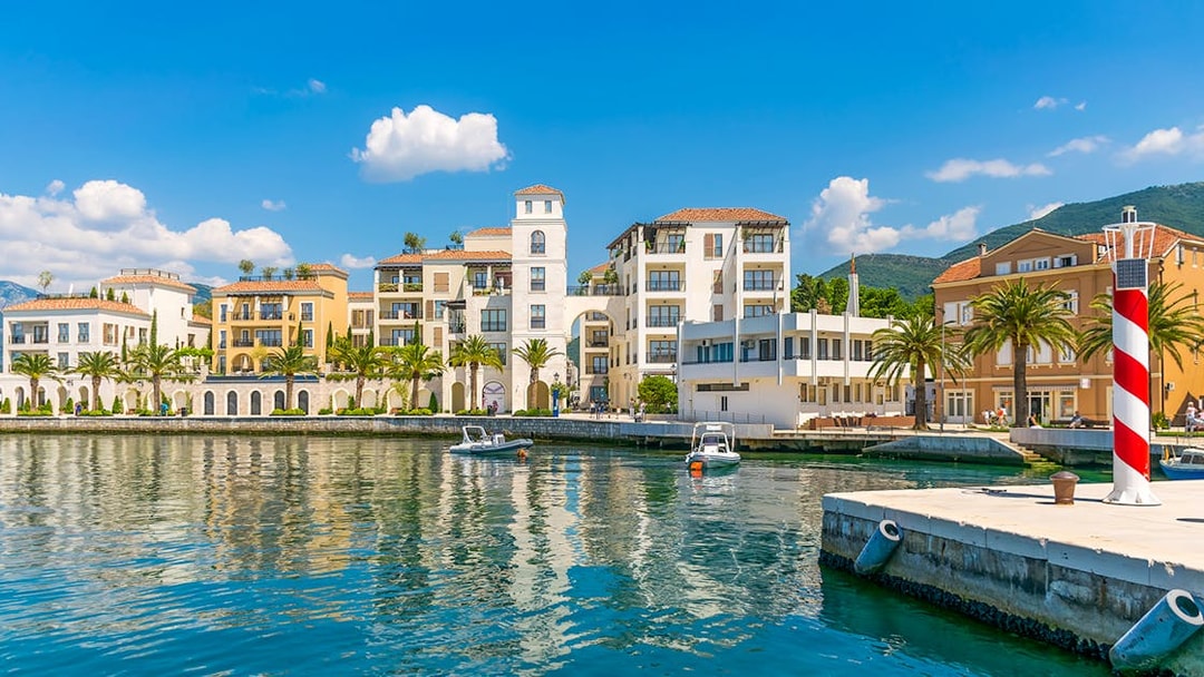 Bay of Tivat waterfront with colorful buildings and boats during Blue Cave tour.
