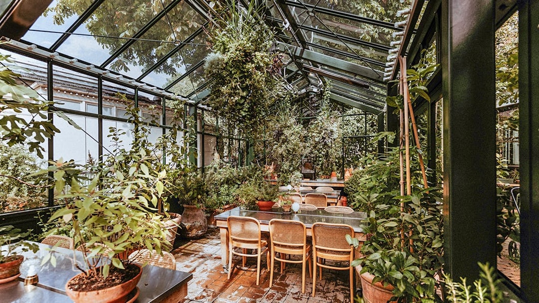Greenhouse dining area with plants at Tivoli Gardens, Copenhagen.