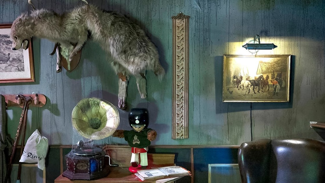 Vintage decor with taxidermy, gramophone, and toy soldier at Tivoli Gardens, Copenhagen.