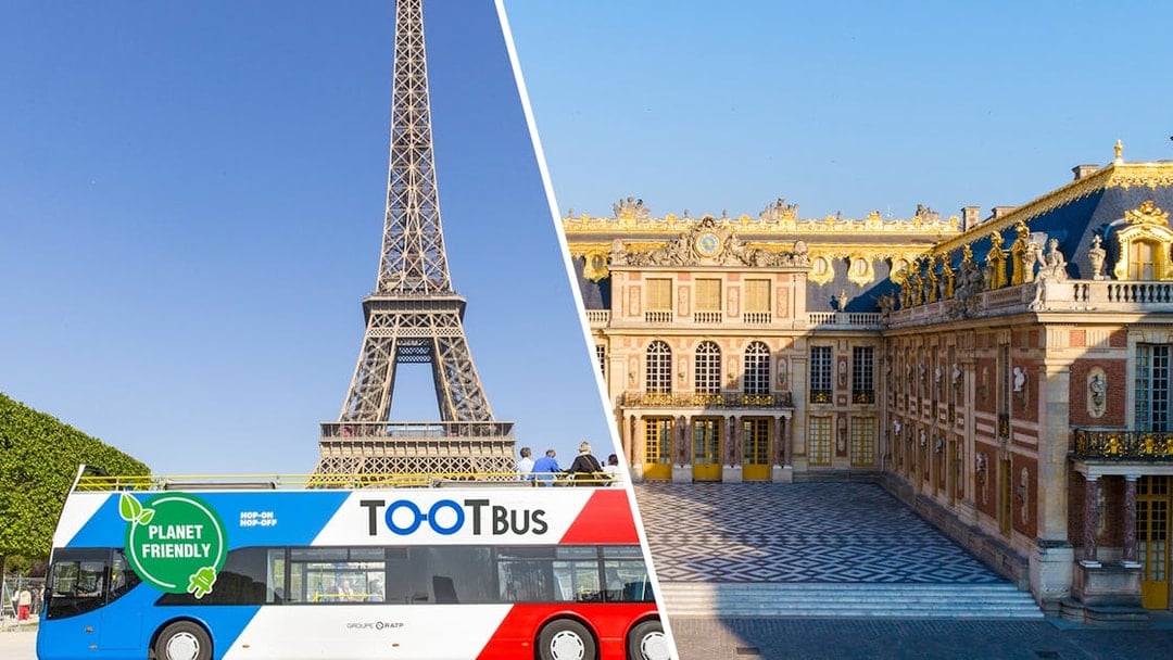 Tootbus in front of Eiffel Tower and Versailles Palace, Paris tour.