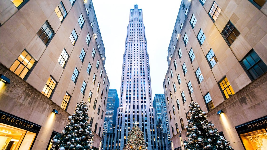 Rockefeller Center in New York City with holiday decorations and 30 Rockefeller Plaza.