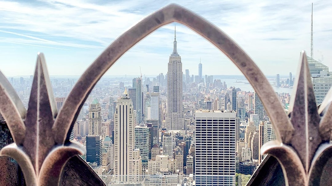 New York City skyline with Empire State Building from Top of the Rock, Rockefeller Center.