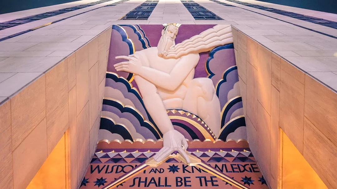 Wisdom sculpture by Lee Lawrie on Rockefeller Center facade, New York City.