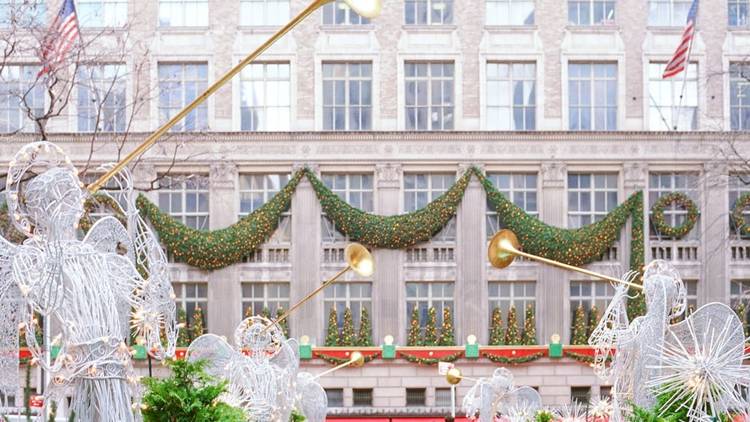 Rockefeller Center with festive garlands and Christmas tree, New York City.