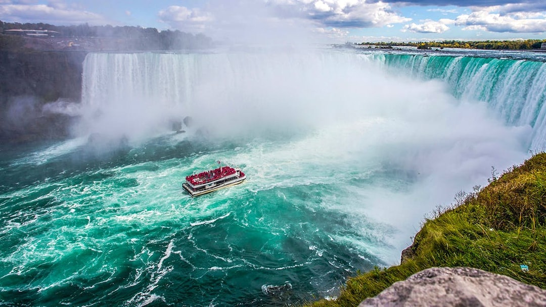 Aerial view of a tour boat near Niagara Falls, Canada.