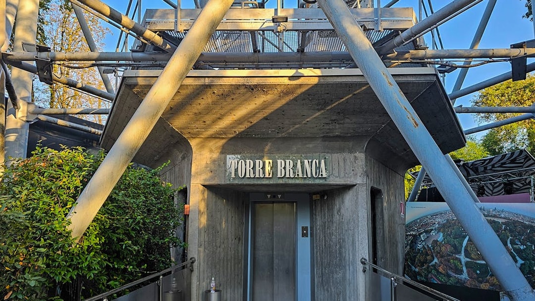 Torre Branca entrance with metal structure, Milan, Italy.