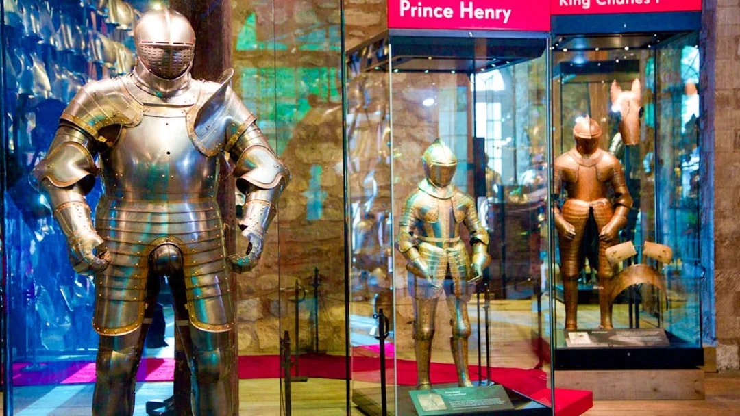 Armour displays of Prince Henry and King Charles I at Tower of London exhibition.