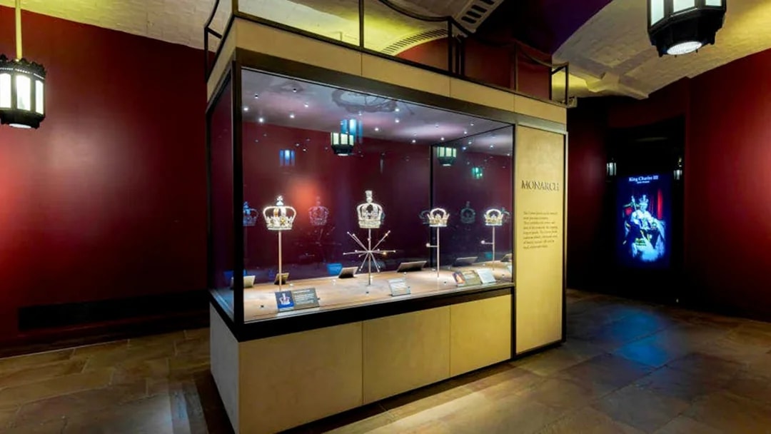 Crown jewels display at Tower of London crown exhibitions.