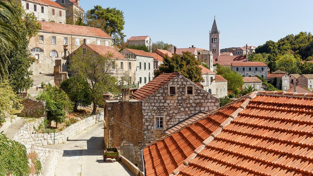 Stone buildings with red-tiled roofs in a historic village near Krka National Park, Croatia.