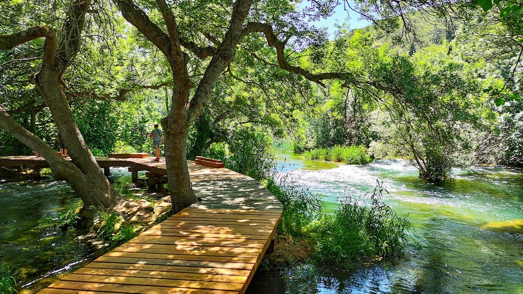 Wooden walkway through lush greenery at Krka National Park, Croatia.