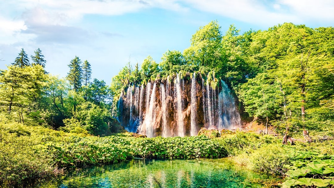 Waterfall cascading into a clear pool surrounded by lush greenery in Plitvice Lakes National Park.