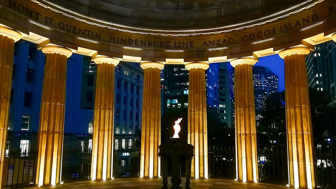 Eternal Flame at Brisbane's Anzac Square Memorial at night.
