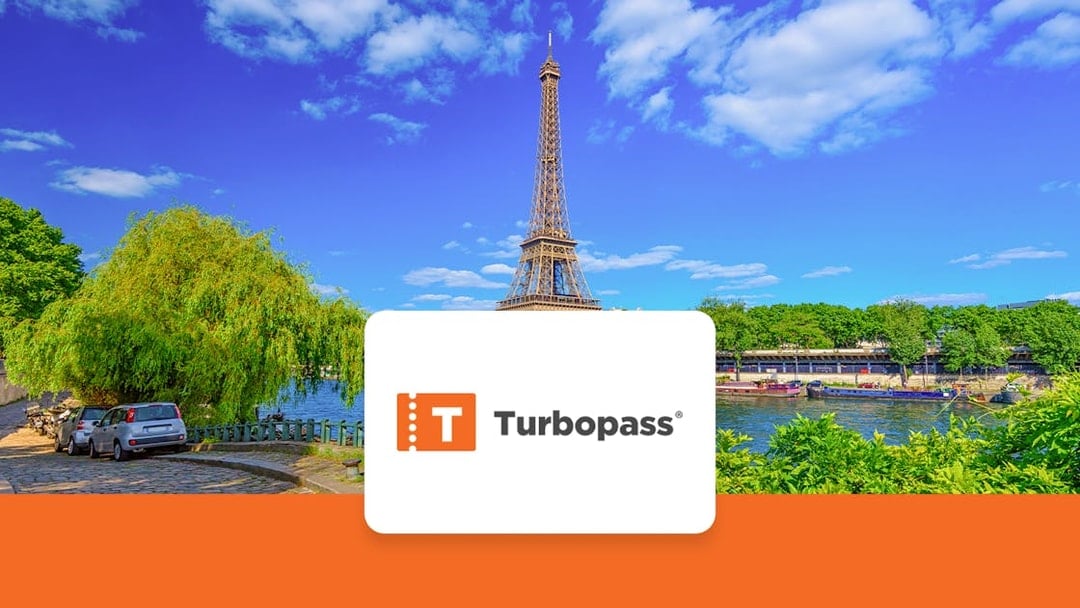 Eiffel Tower and Seine River view in Paris with Turbopass logo.
