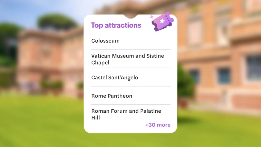 Rome City Pass attractions list featuring Colosseum, Vatican Museum, Castel Sant'Angelo, Pantheon, Roman Forum.