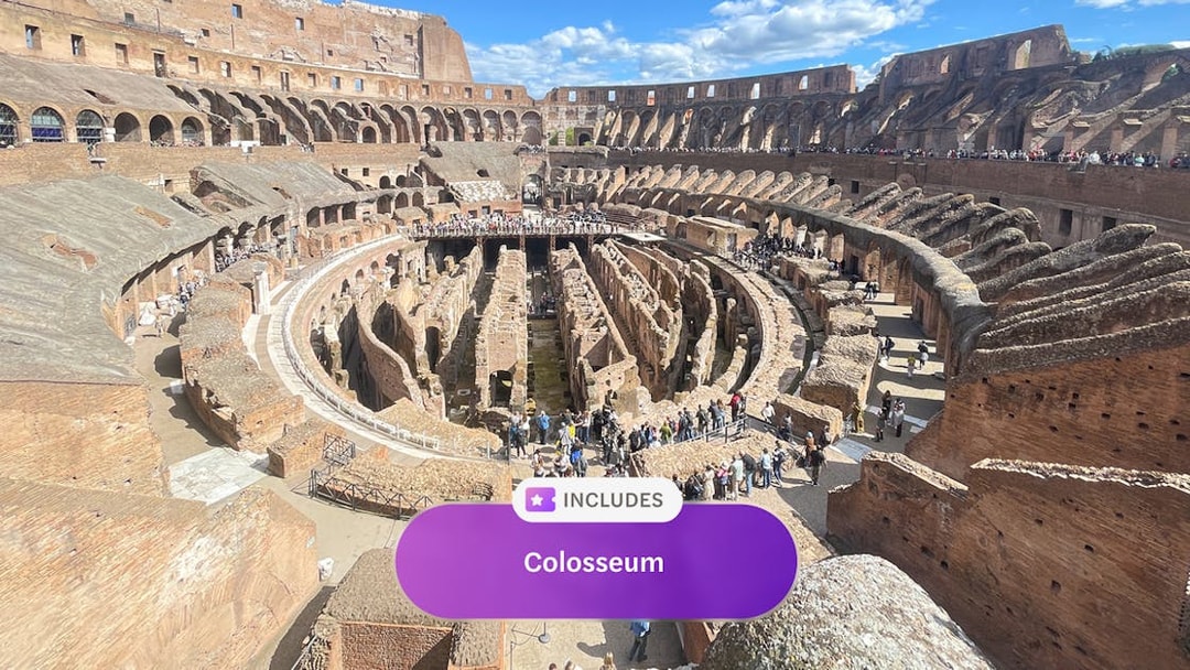 Colosseum interior view with tourists exploring ancient Roman architecture in Rome.