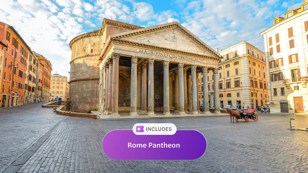 Rome Pantheon with surrounding buildings and a horse-drawn carriage.