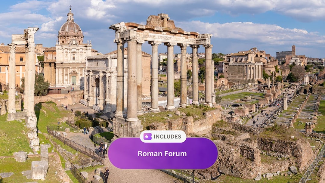 Roman Forum ruins with ancient columns and historic buildings in Rome.