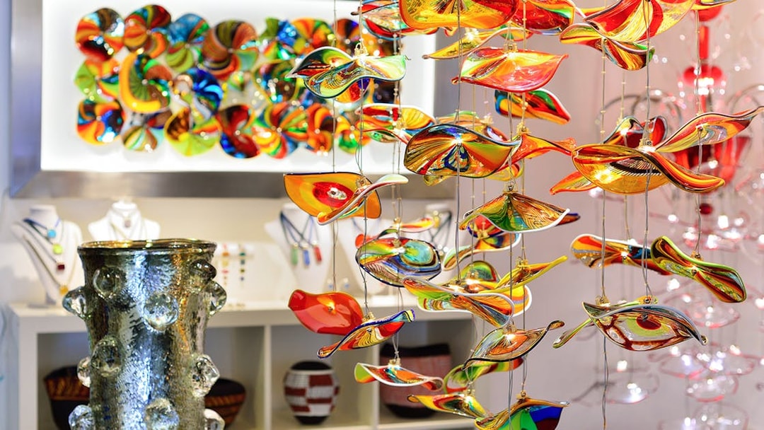Colorful Murano glass art display at Murano Glass Museum, Venice.