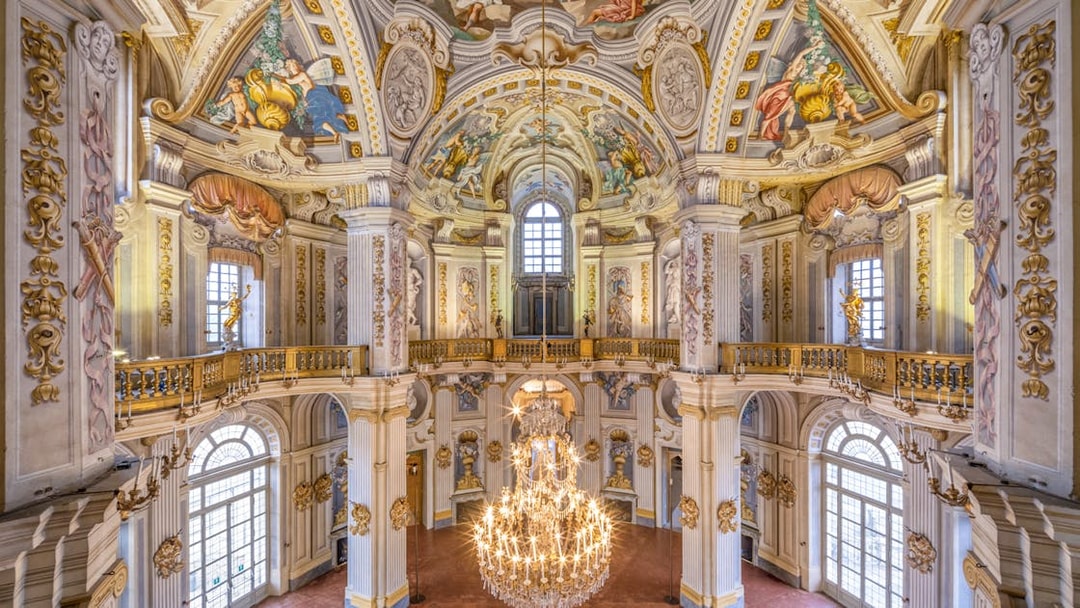Villa della Regina interior with ornate frescoes and grand chandelier, Turin.