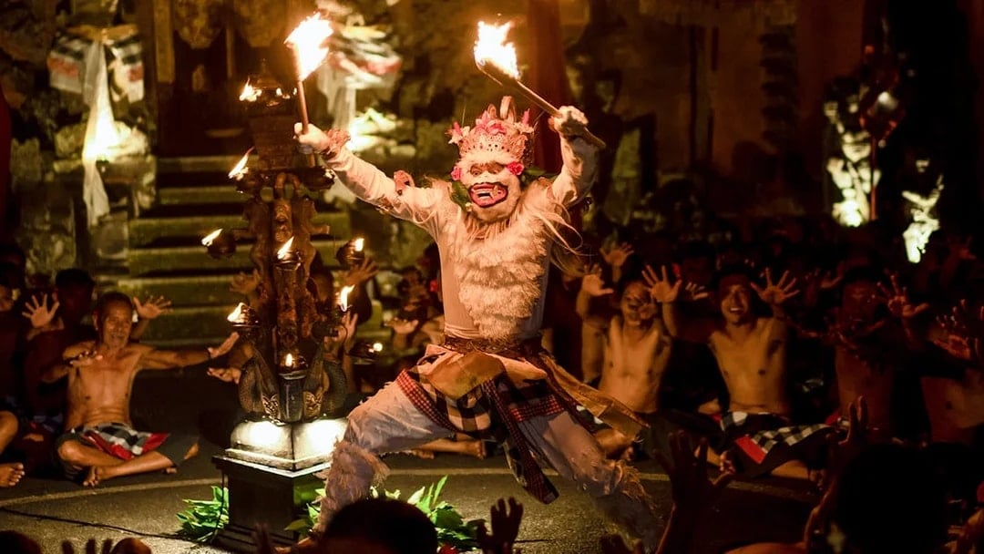 Performer in traditional costume at Kecak & Fire Dance Show, Ubud Peliatan Palace.