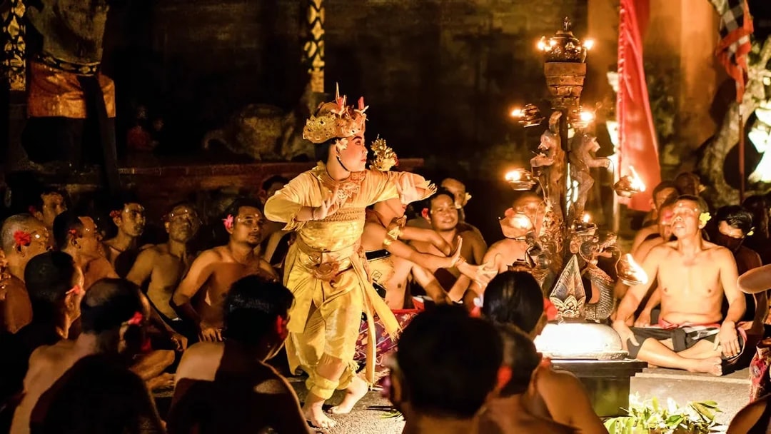 Kecak and Fire Dance performance at Ubud Peliatan Palace, Bali, with dancers in traditional attire.