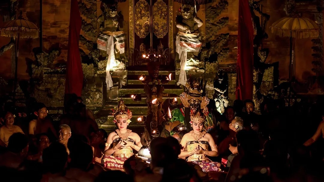 Kecak and Fire Dance performance at Ubud Peliatan Palace, Bali.
